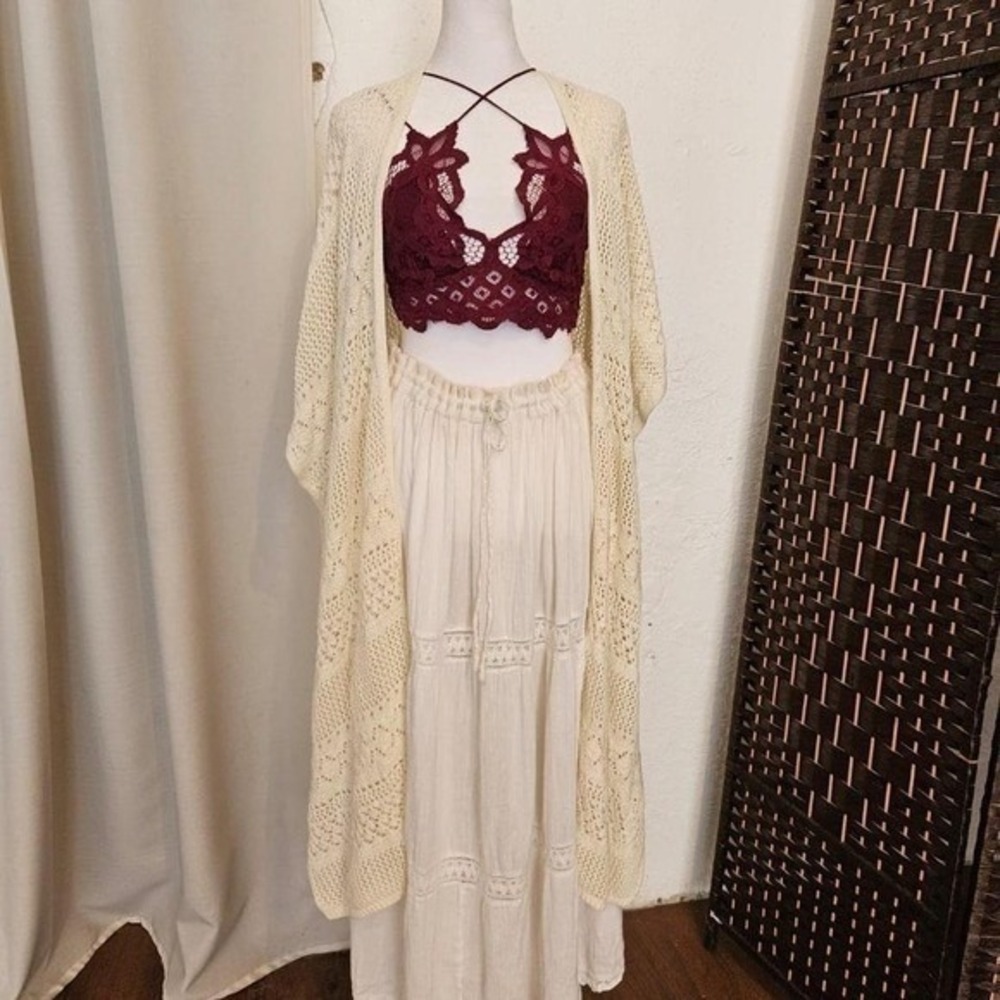 Aerie Cream Crochet Maxi Beach Cover Up Women's Open Wrap Size 0/S 100% Cotton